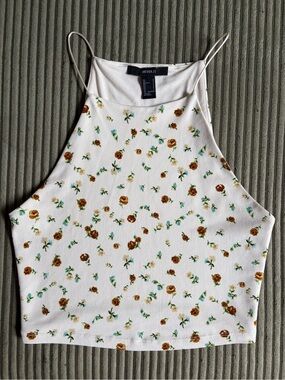 Forever 21 White Floral High-Neck Crop Top